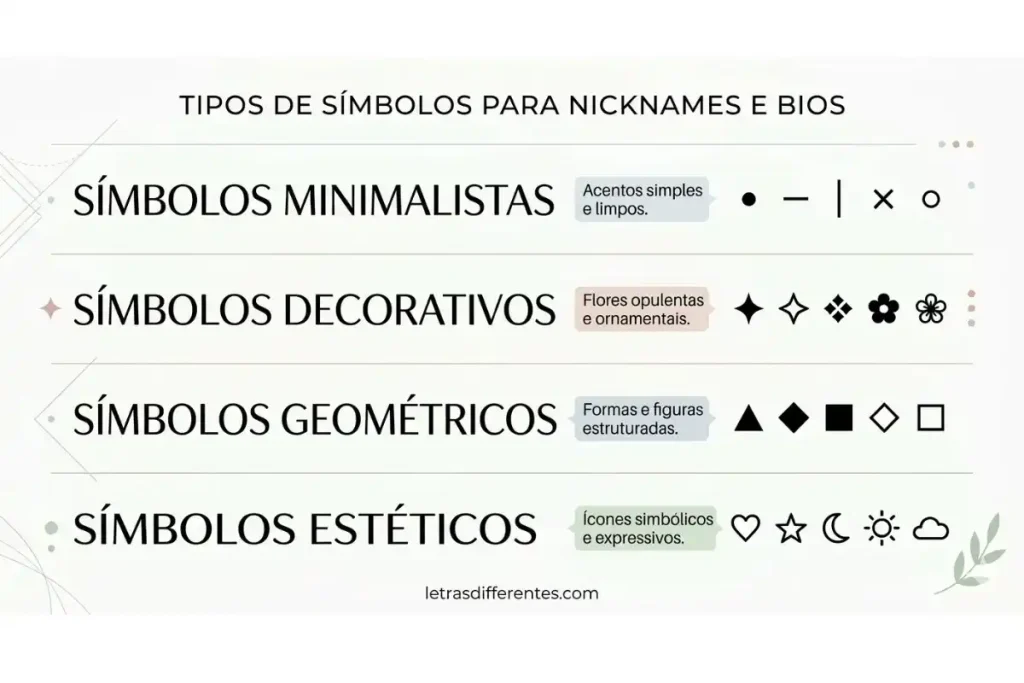 Exemplos de letras diferentes com símbolos para nick e bio
